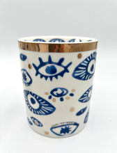Load image into Gallery viewer, Beautiful Gold, Blue & White Ceramic "Evil Eye" Candle : Lavender & Sage