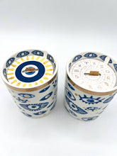 Load image into Gallery viewer, Beautiful Gold, Blue & White Ceramic "Evil Eye" Candle : Lavender & Sage