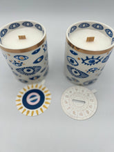 Load image into Gallery viewer, Beautiful Gold, Blue & White Ceramic "Evil Eye" Candle : Lavender & Sage