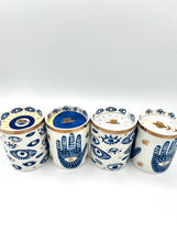 Load image into Gallery viewer, Beautiful Gold, Blue & White Ceramic "Evil Eye" Candle : Lavender & Sage