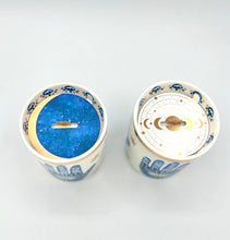Load image into Gallery viewer, Beautiful Gold & Blue White Ceramic Hamsa Scented Candle: Hinoki & Sandalwood