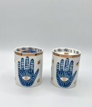 Load image into Gallery viewer, Beautiful Gold & Blue White Ceramic Hamsa Scented Candle: Hinoki & Sandalwood