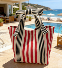 Load image into Gallery viewer, Mini Striped Tote Bag Beach Bow Handle Bag: NavyBlue / M

