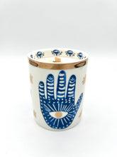Load image into Gallery viewer, Beautiful Gold &amp; Blue White Ceramic Hamsa Scented Candle: Hinoki &amp; Sandalwood
