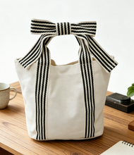 Load image into Gallery viewer, Mini Striped Tote Bag Beach Bow Handle Bag: NavyBlue / M
