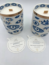 Load image into Gallery viewer, Beautiful Gold, Blue &amp; White Ceramic "Evil Eye" Candle : Lavender &amp; Sage
