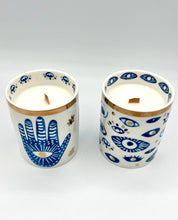 Load image into Gallery viewer, Beautiful Gold &amp; Blue White Ceramic Hamsa Scented Candle: Hinoki &amp; Sandalwood
