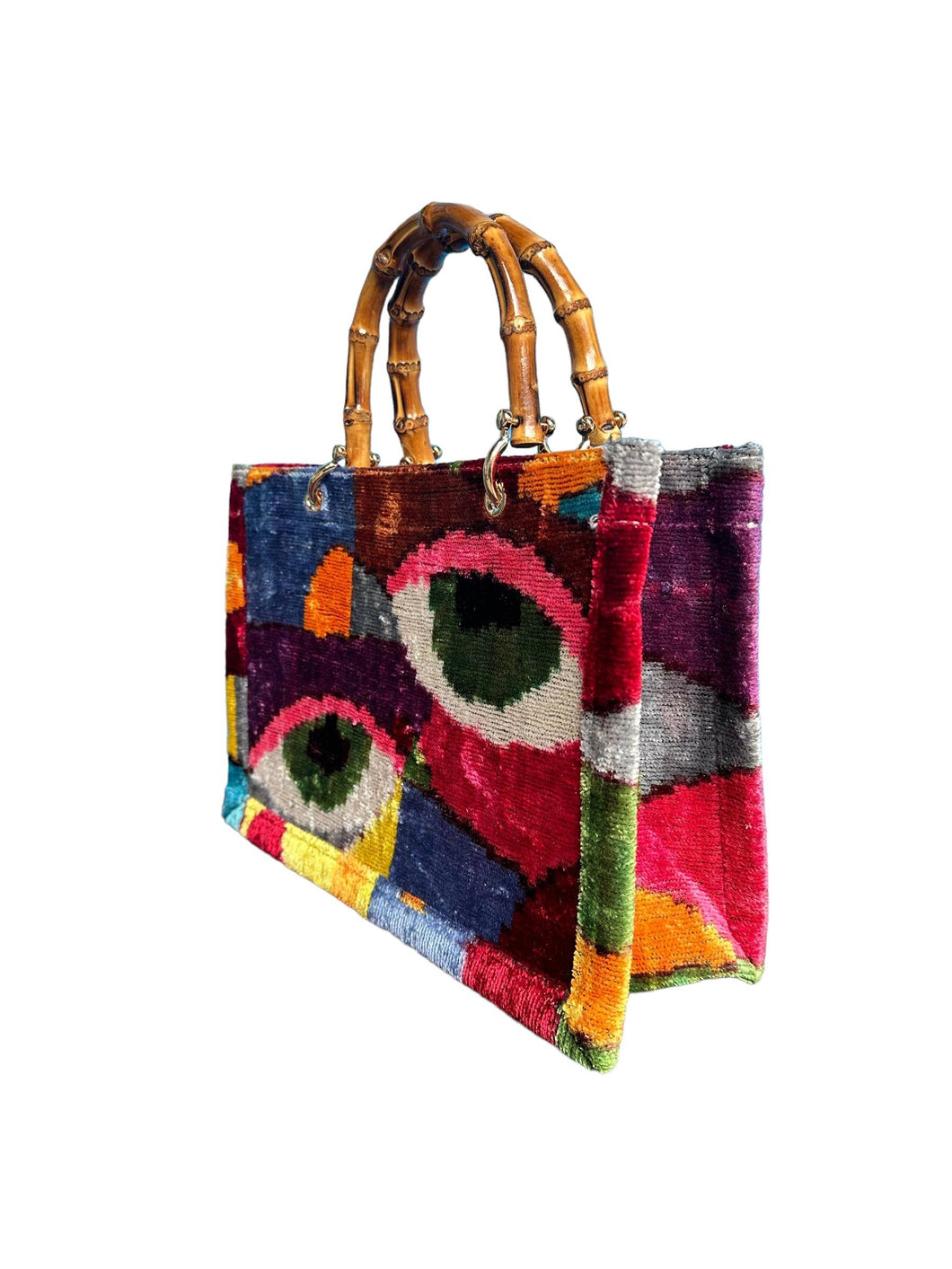 Silk Velvet Ikat Small Tote Bag with Bamboo Handle