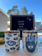 Load image into Gallery viewer, Beautiful Gold, Blue &amp; White Ceramic "Evil Eye" Candle : Lavender &amp; Sage
