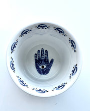 Load image into Gallery viewer, Beautiful Gold &amp; Blue White Ceramic Hamsa Scented Candle: Hinoki &amp; Sandalwood
