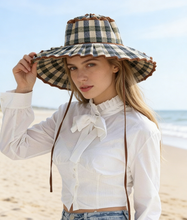 Load image into Gallery viewer, Ruffle Check Straw Hat Wide Brim Plaid Sun Hat: MRed / M
