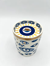 Load image into Gallery viewer, Beautiful Gold, Blue &amp; White Ceramic "Evil Eye" Candle : Lavender &amp; Sage
