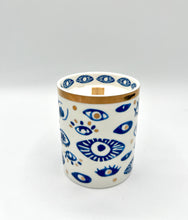 Load image into Gallery viewer, Beautiful Gold, Blue &amp; White Ceramic "Evil Eye" Candle : Lavender &amp; Sage
