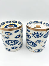 Load image into Gallery viewer, Beautiful Gold, Blue &amp; White Ceramic "Evil Eye" Candle : Lavender &amp; Sage
