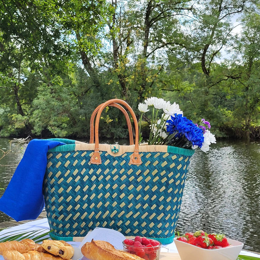 Colorful straw tote basket, beach bag