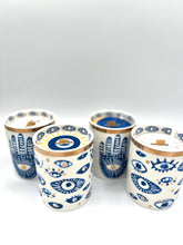Load image into Gallery viewer, Beautiful Gold &amp; Blue White Ceramic Hamsa Scented Candle: Hinoki &amp; Sandalwood
