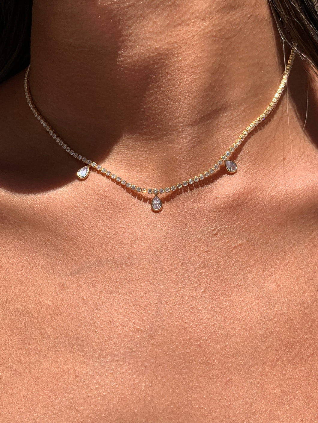 Gold Filled Tennis Necklace with Diamond CZ Tear Drop Accent